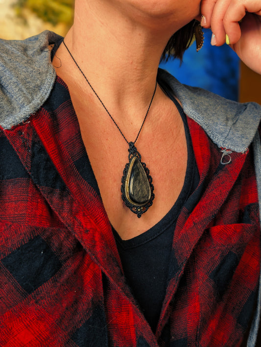 Collier " Camée" - Obsidienne argentée - Noir