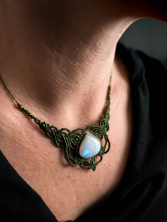 Plastron - Pierre de lune blanche - Vert Kaki