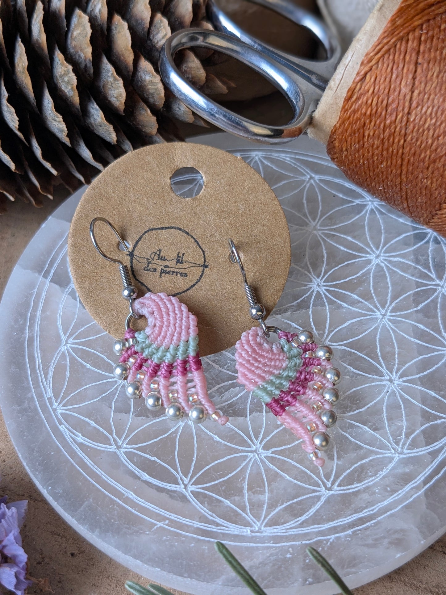 Boucles d'oreilles ailes d'ange - Rose clair/rose foncé/lichen