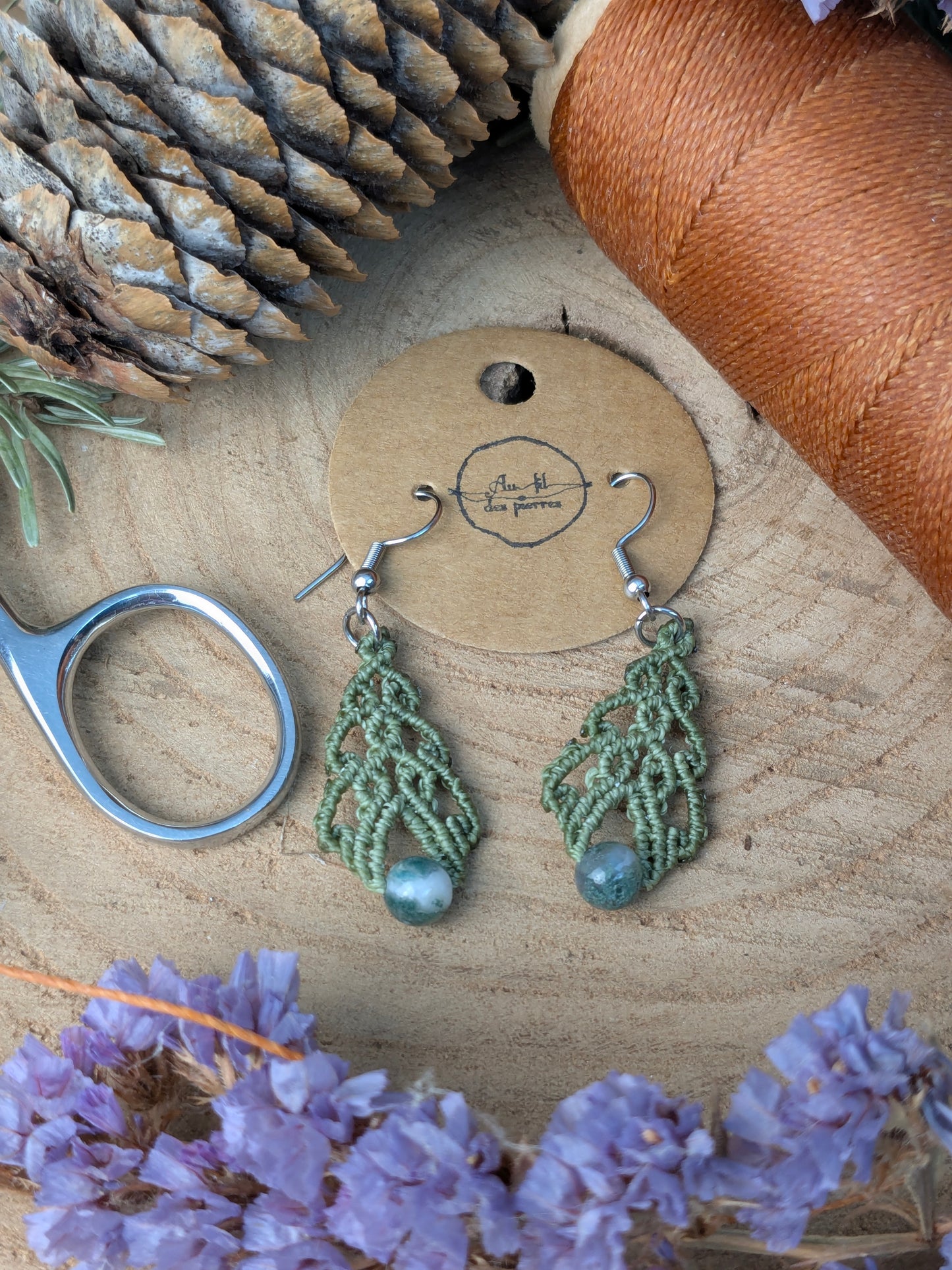 Boucles d'oreilles - Agate arbre - kaki