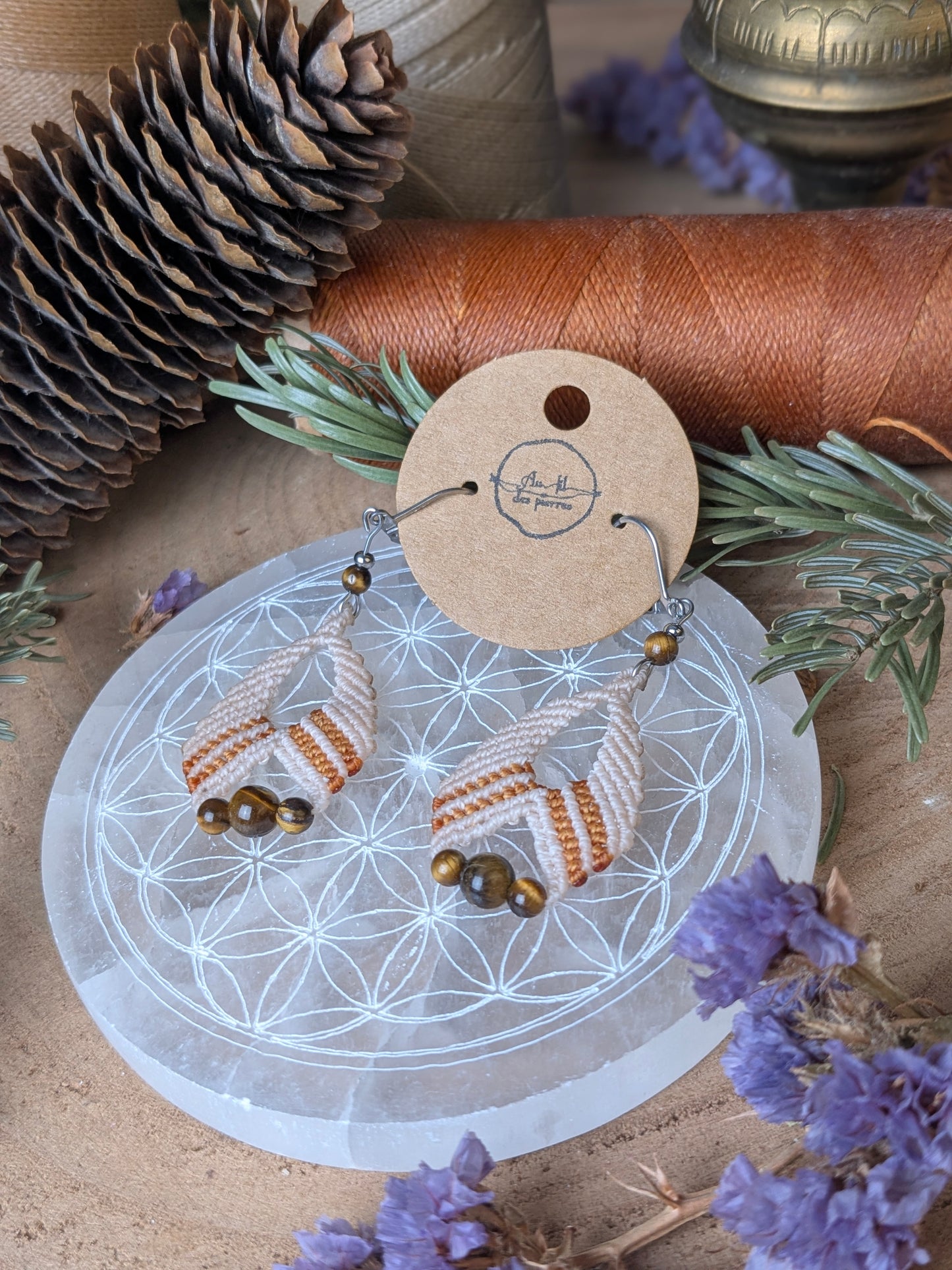 Boucles d'oreilles - Œil de tigre - Crème/marron