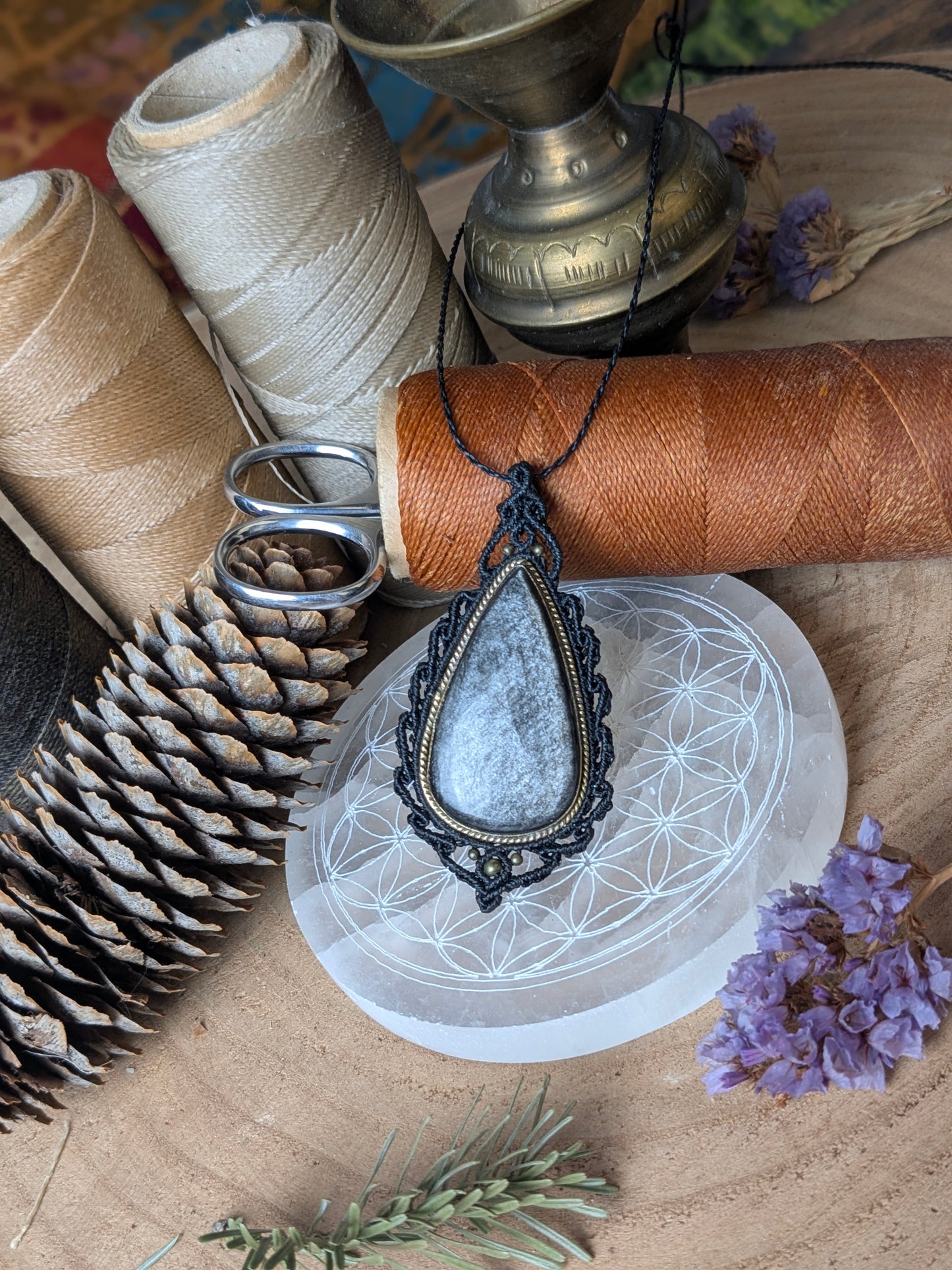 Collier " Camée" - Obsidienne argentée - Noir