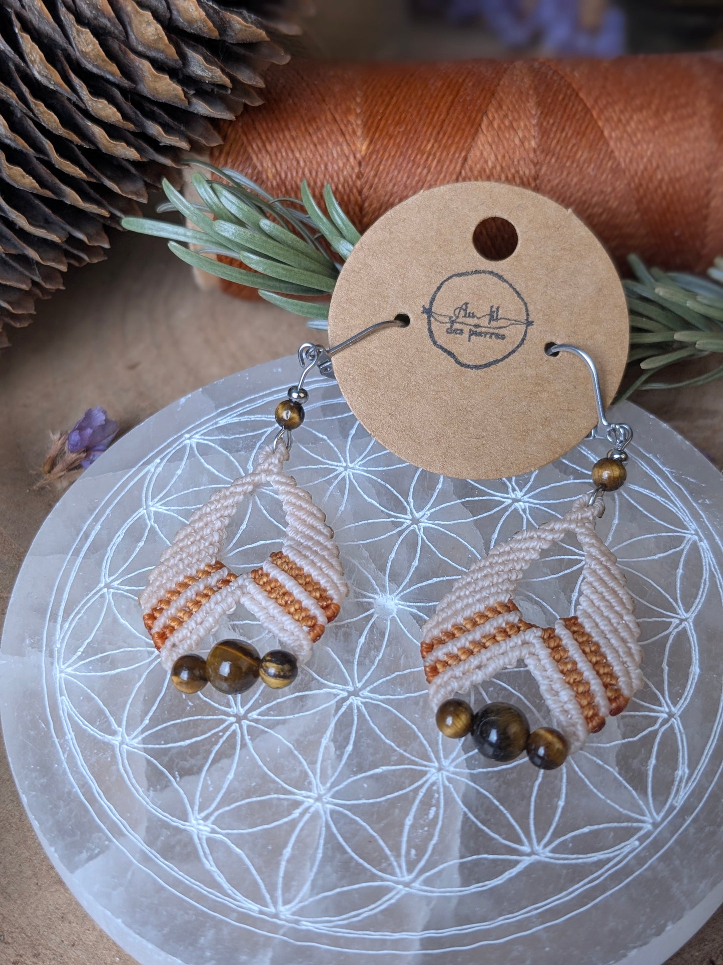 Boucles d'oreilles - Œil de tigre - Crème/marron