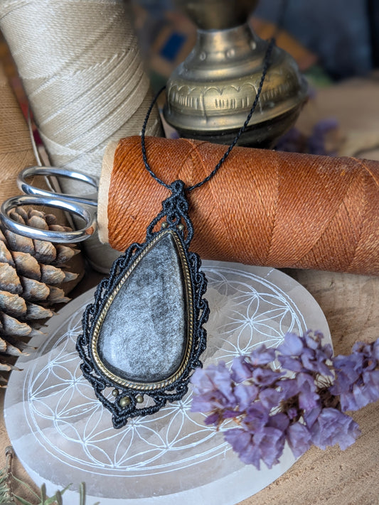 Collier " Camée" - Obsidienne argentée - Noir