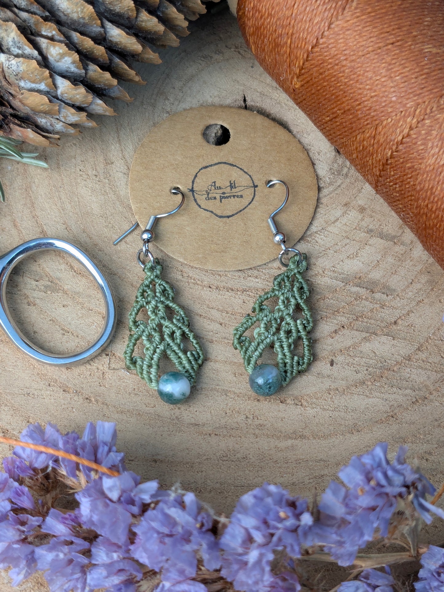 Boucles d'oreilles - Agate arbre - kaki