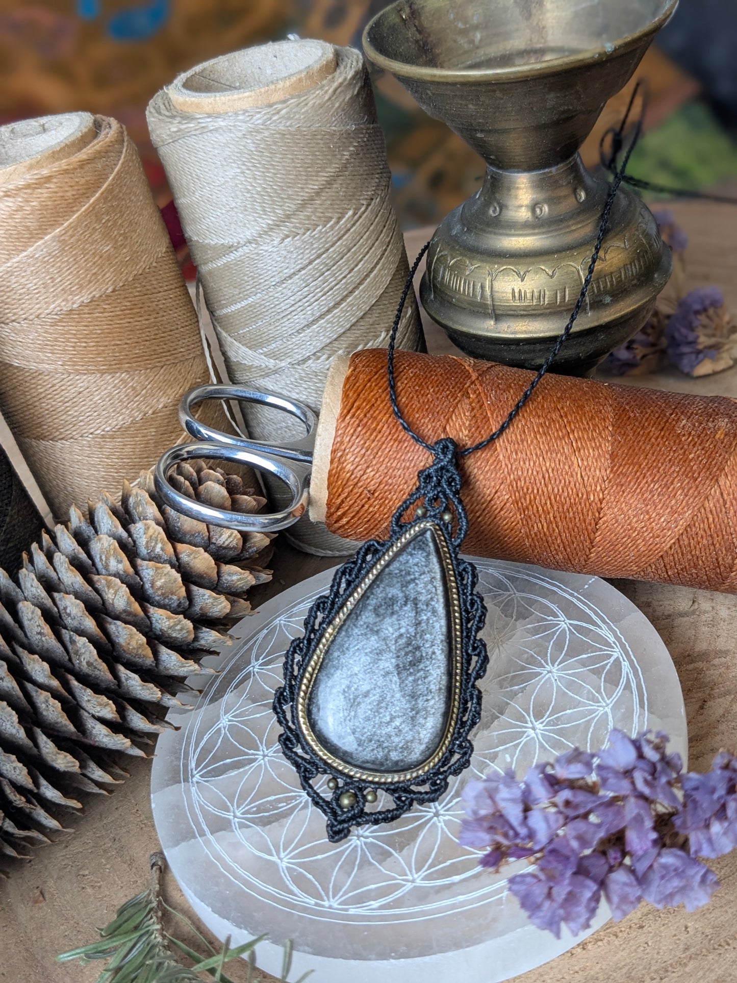 Collier " Camée" - Obsidienne argentée - Noir