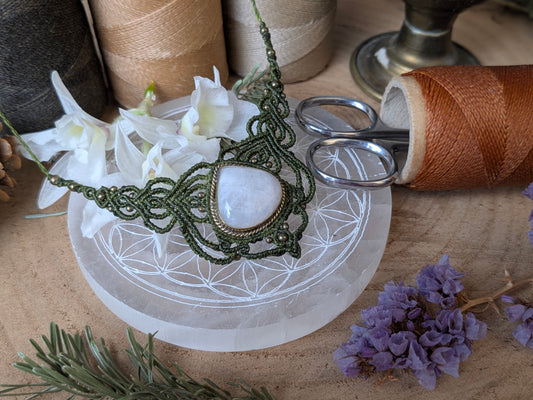 Plastron - Pierre de lune blanche - Vert Kaki